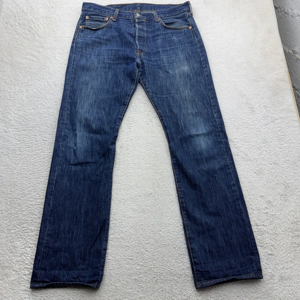 Levis 501 Original Fit Mens Jeans 35x34 Dark Wash Blue Straight Leg Button Fly